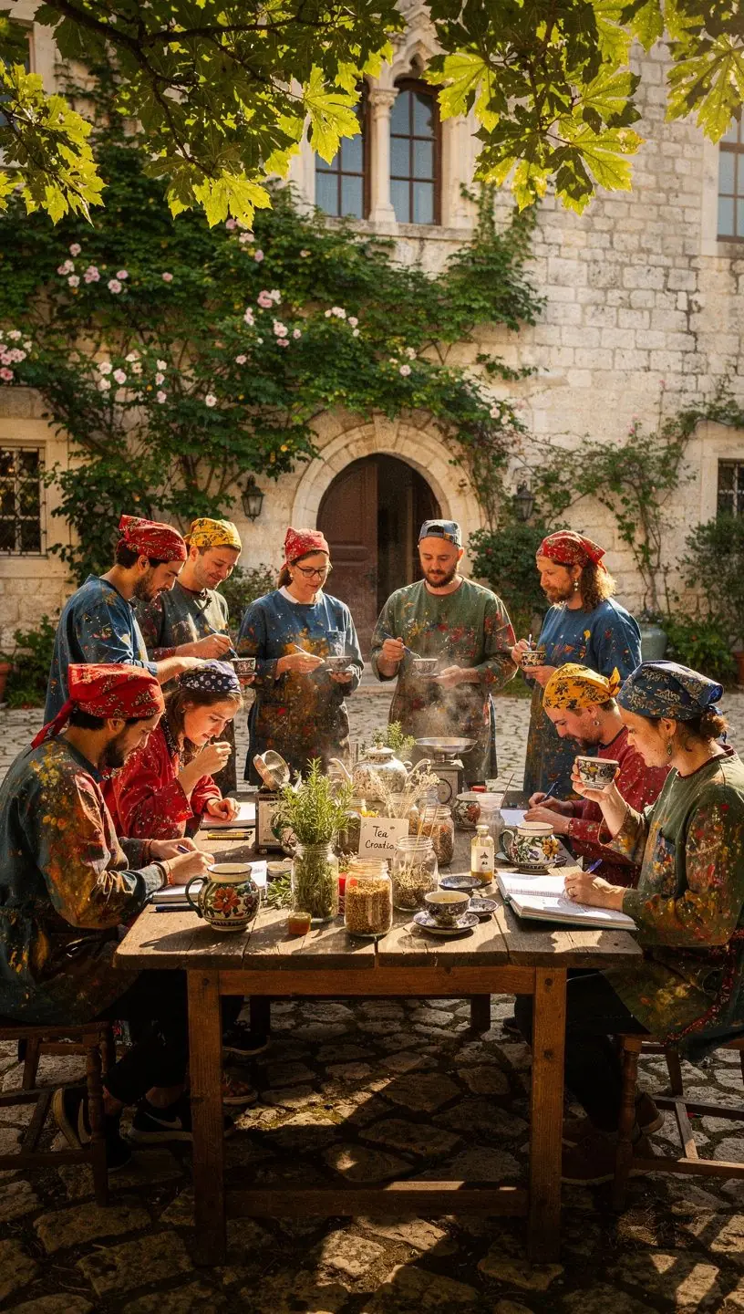 Prikaz raznih sušenih biljaka i začina za čaj na drvenoj podlozi.